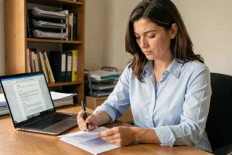 Femme consultant un modèle de bulletin de vote imprimé sur un bureau avec un ordinateur affichant un document Word modifiable