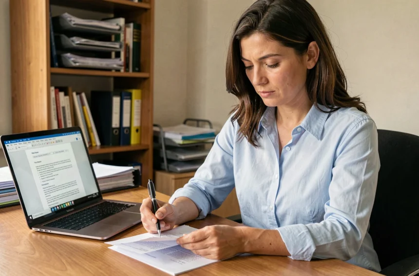 Femme consultant un modèle de bulletin de vote imprimé sur un bureau avec un ordinateur affichant un document Word modifiable
