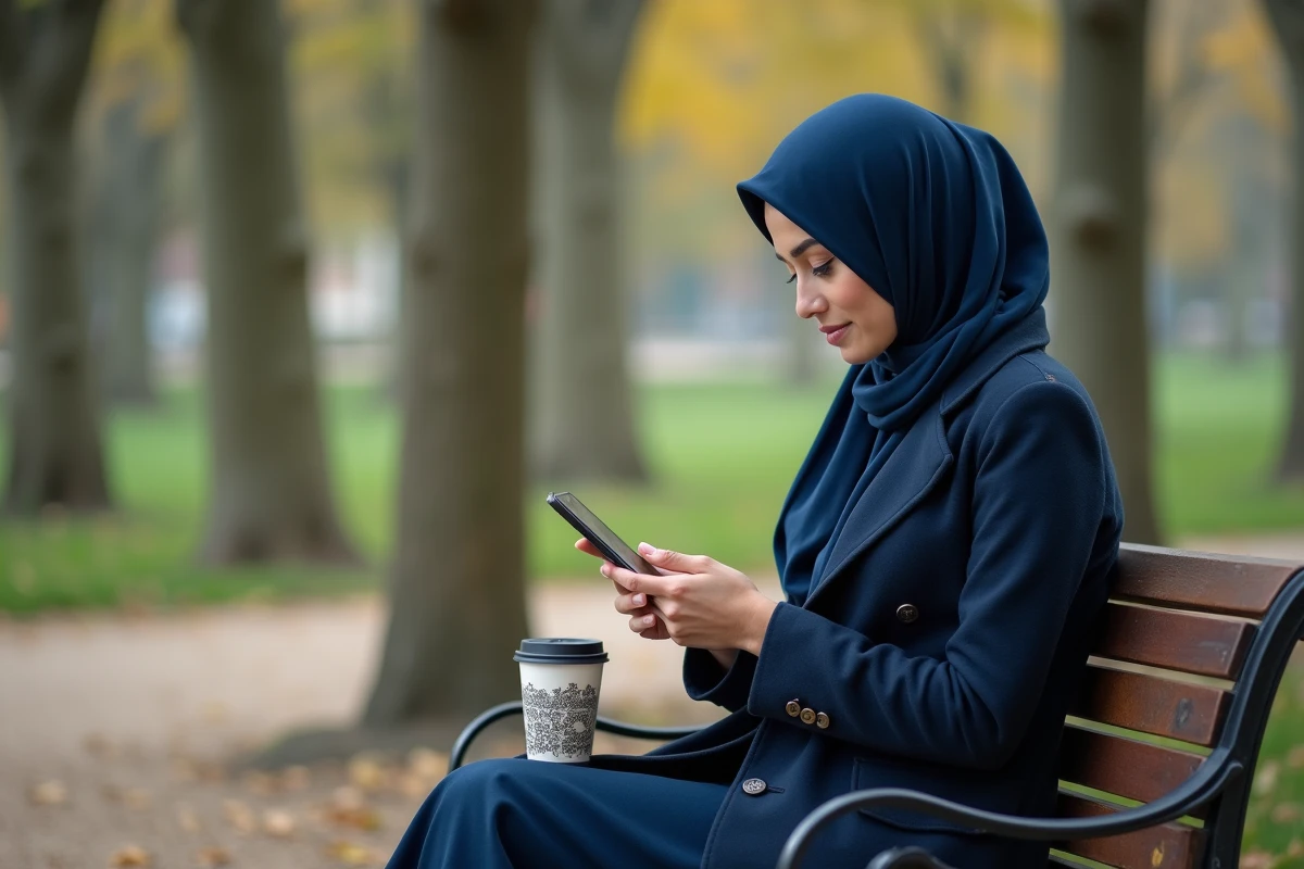Jeune femme musulmane consultant les heures de prière sur smartphone dans un parc de Compiègne