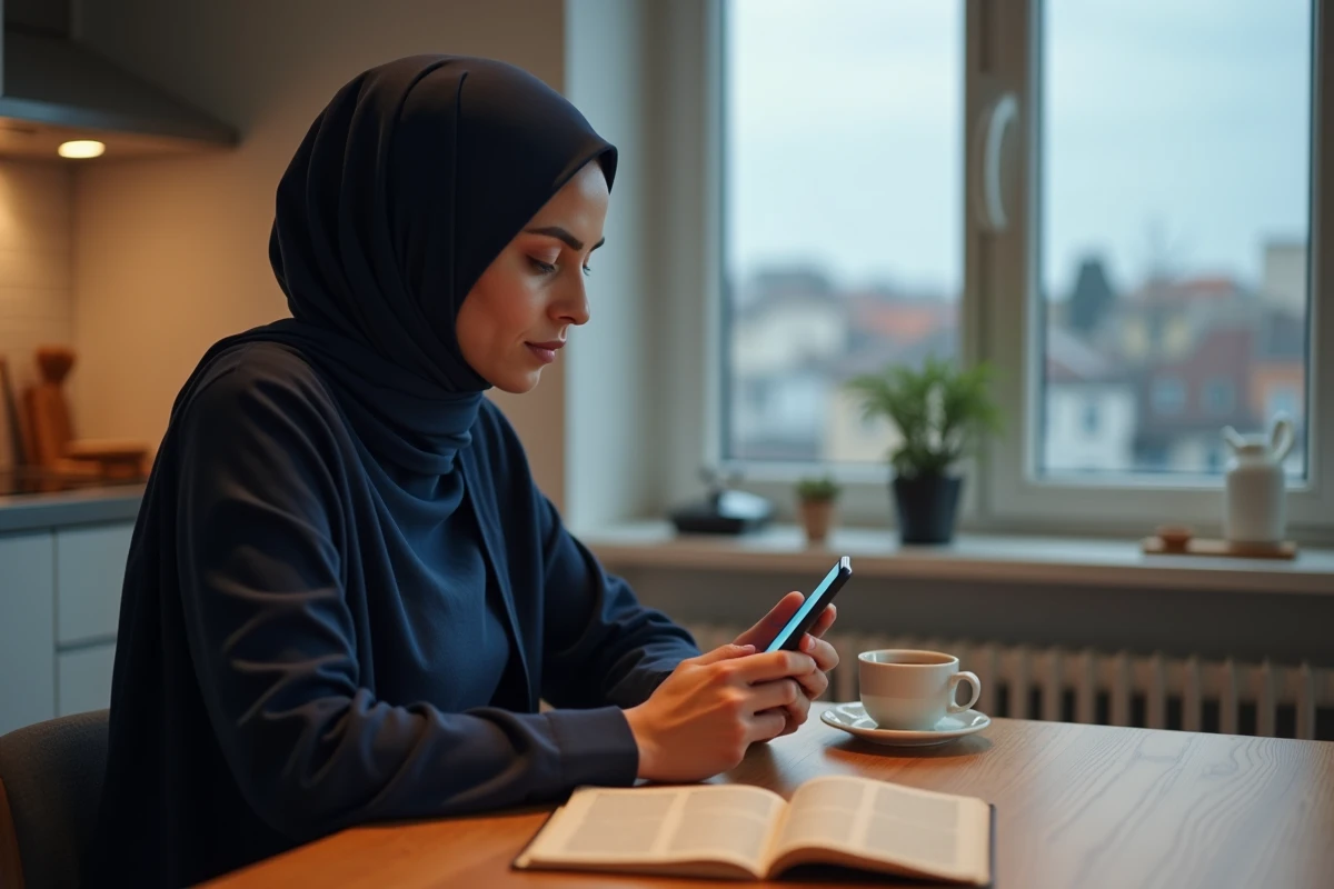 Femme musulmane consultant les horaires de prière sur son téléphone dans un appartement en banlieue