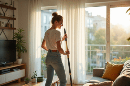 Femme souriante nettoyant un appartement lumineux