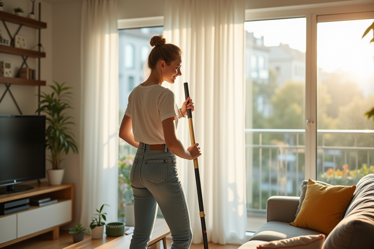 Femme souriante nettoyant un appartement lumineux