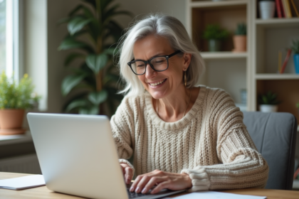 Femme d'âge moyen vérifiant le tableau scolaire sur son ordinateur