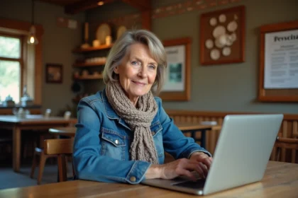 Femme en denim et foulard travaillant sur un ordinateur dans un centre villageois