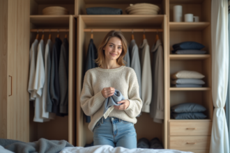 Jeune femme plie du linge dans une chambre organisée