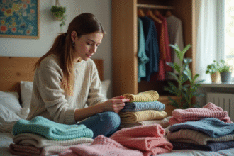 Femme triant des vetements colorés dans sa chambre lumineuse