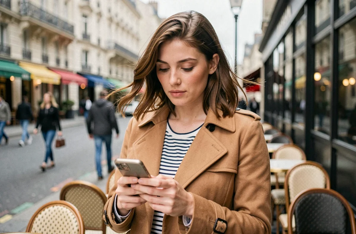 Jeune femme parisienne consultant son téléphone devant un café face à la notoriété des réseaux sociaux
