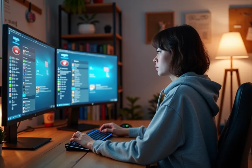Jeune femme jouant à un jeu de simulation sur un PC de bureau avec plusieurs écrans affichant des menus de personnalisation de mods
