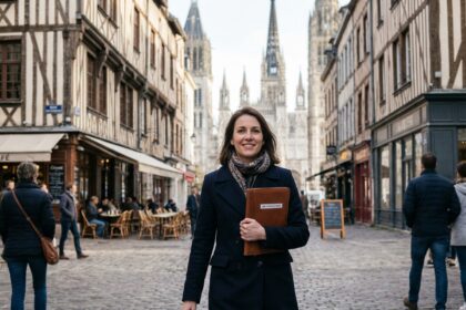 Femme professionnelle marchant dans Rouen avec bâtiments historiques