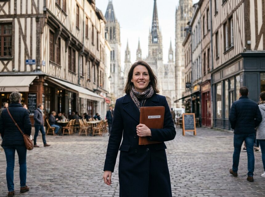Femme professionnelle marchant dans Rouen avec bâtiments historiques