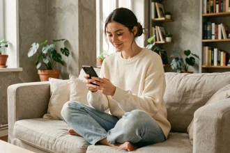 Jeune femme parcourant les réseaux sociaux sur son smartphone dans un appartement parisien moderne
