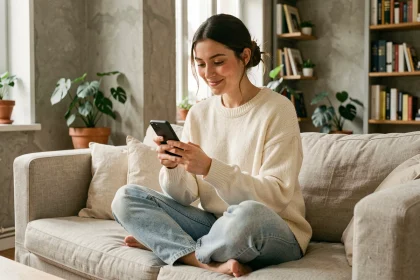 Jeune femme parcourant les réseaux sociaux sur son smartphone dans un appartement parisien moderne