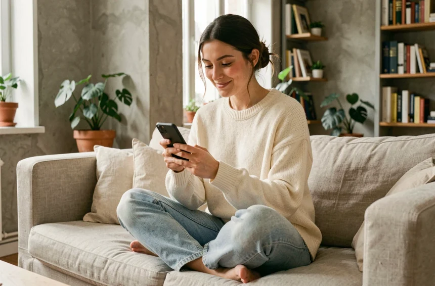 Jeune femme parcourant les réseaux sociaux sur son smartphone dans un appartement parisien moderne