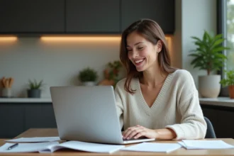 Femme assise à une table moderne remplissant un formulaire de retraite