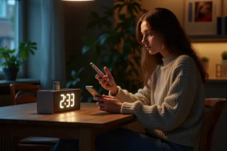 Jeune femme pensive regardant une horloge digitale la nuit