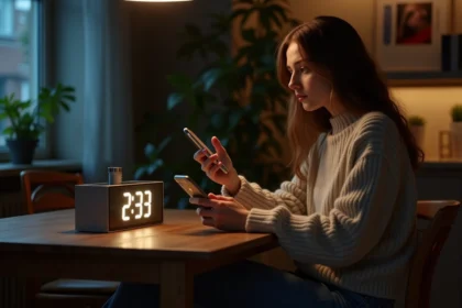Jeune femme pensive regardant une horloge digitale la nuit
