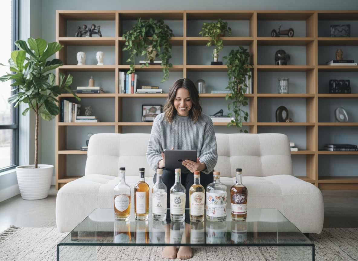 Femme souriante comparant des bouteilles de spirit dans le salon