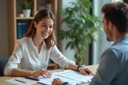 Femme souriante en bureau examinant des papiers légaux