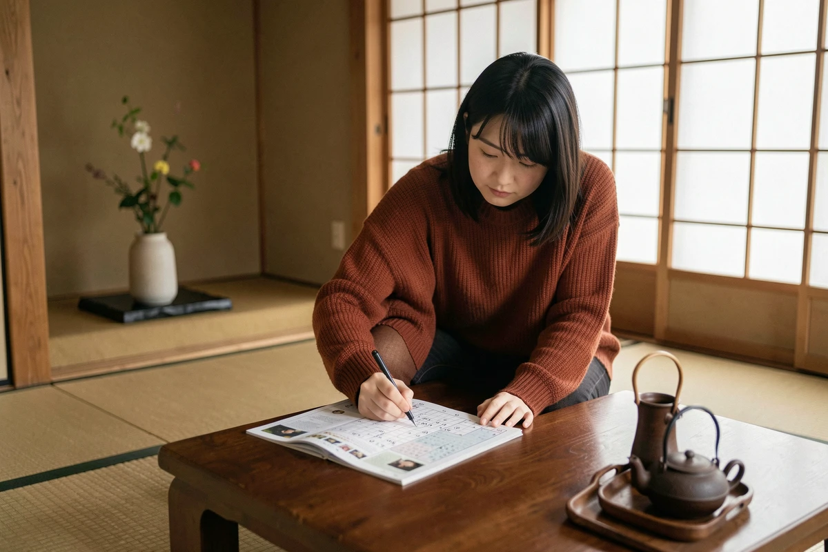 Femme japonaise complétant un mot croisé dans une chambre tatami traditionnelle de Kyoto