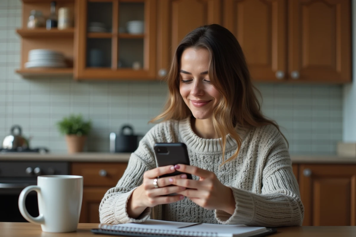 Femme dans sa cuisine regarde TikTok sur son smartphone
