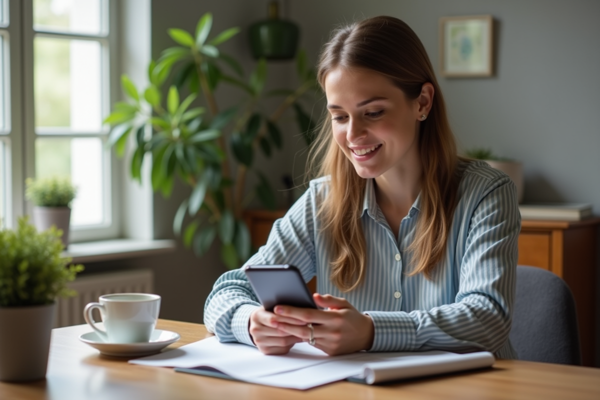 Jeune femme utilisant une application bancaire sur son smartphone à la maison