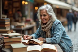 Femme examinant des livres anciens dans une brocante en plein air