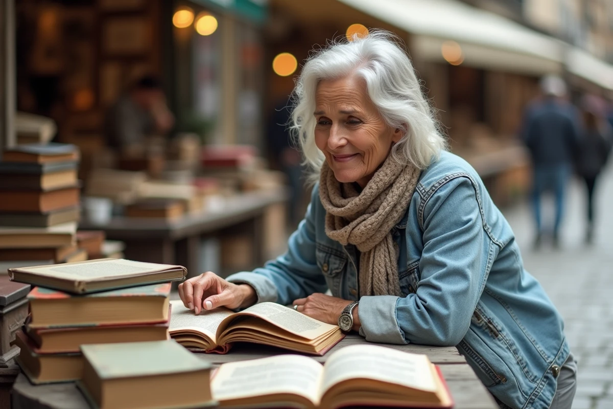 Femme examinant des livres anciens dans une brocante en plein air