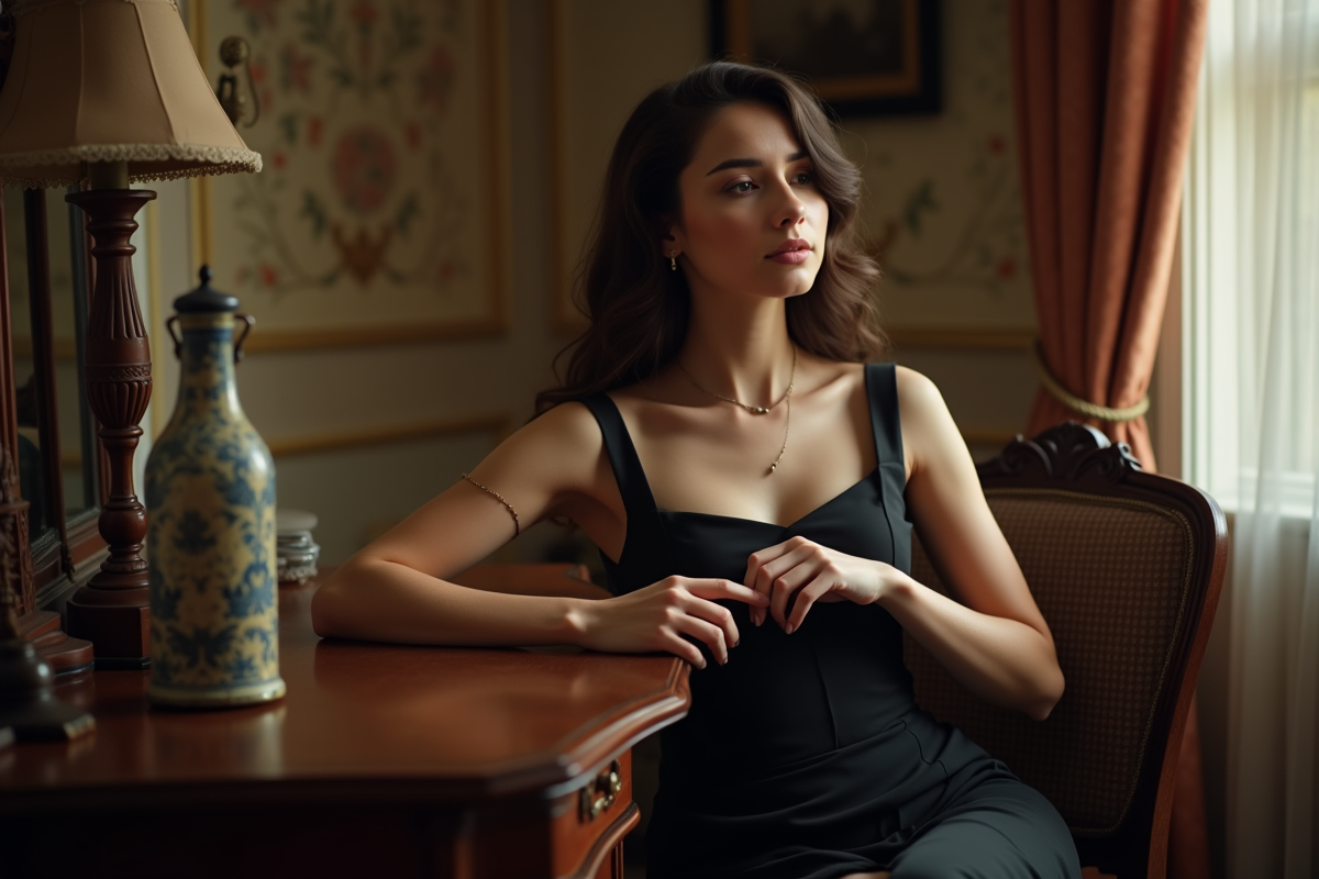 Jeune femme en robe noire à la coiffeuse vintage