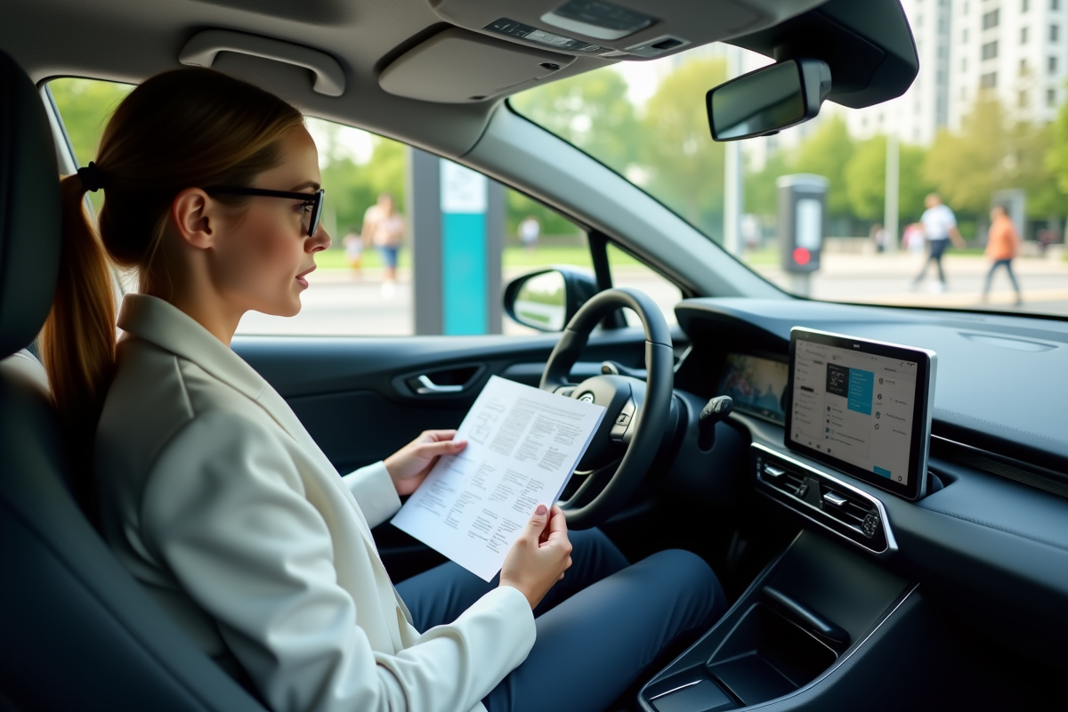 Jeune femme lisant le tableau de bord dans une voiture hybride en ville
