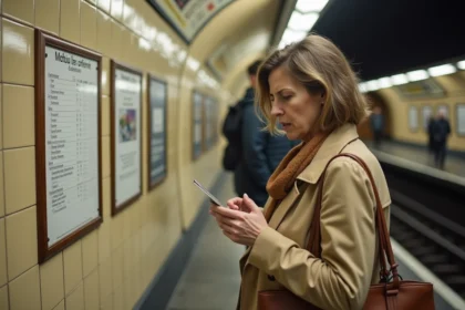 Voyageuse lisant une affiche d'information sur les fermetures de la ligne 4 du métro parisien
