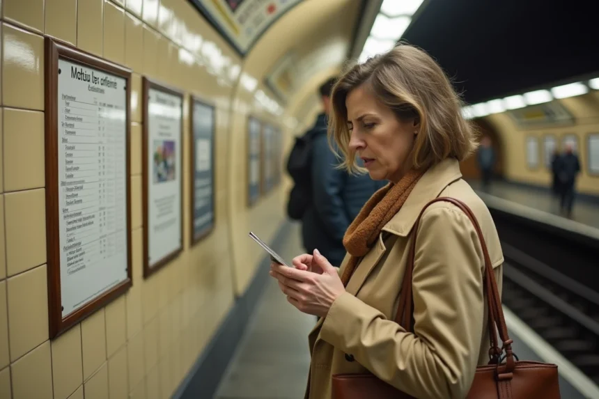 Voyageuse lisant une affiche d'information sur les fermetures de la ligne 4 du métro parisien