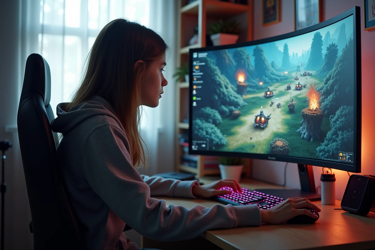 Adolescente jouant à un jeu strategy sur son ordinateur dans sa chambre