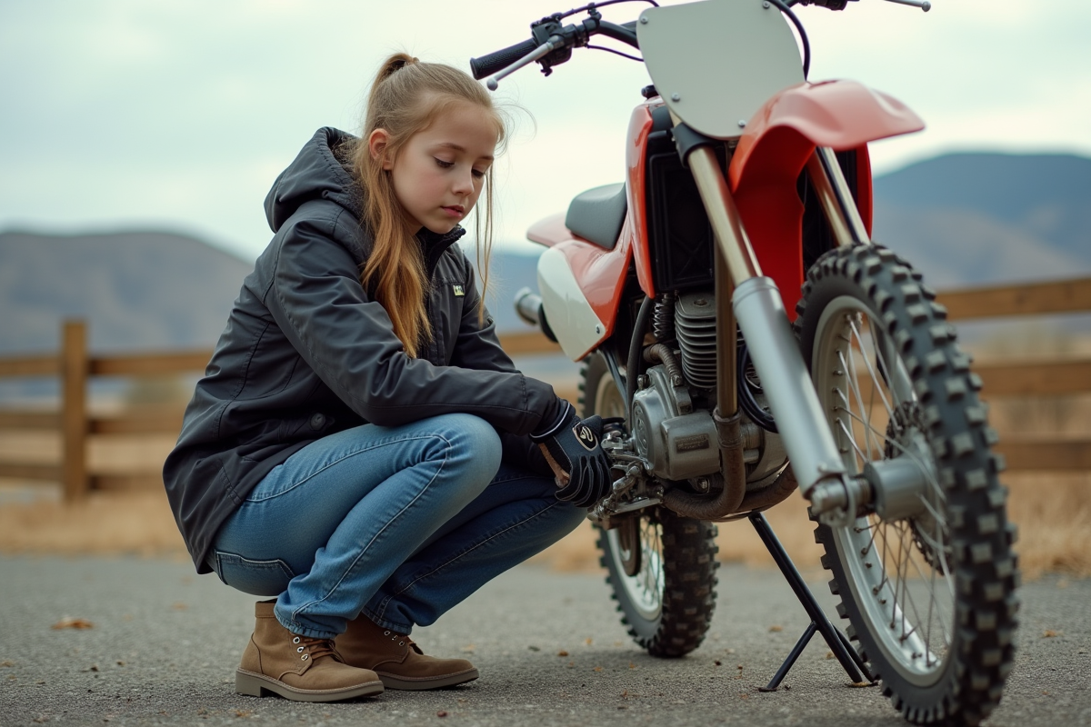 Jeune fille vérifiant la chaîne de sa moto en extérieur