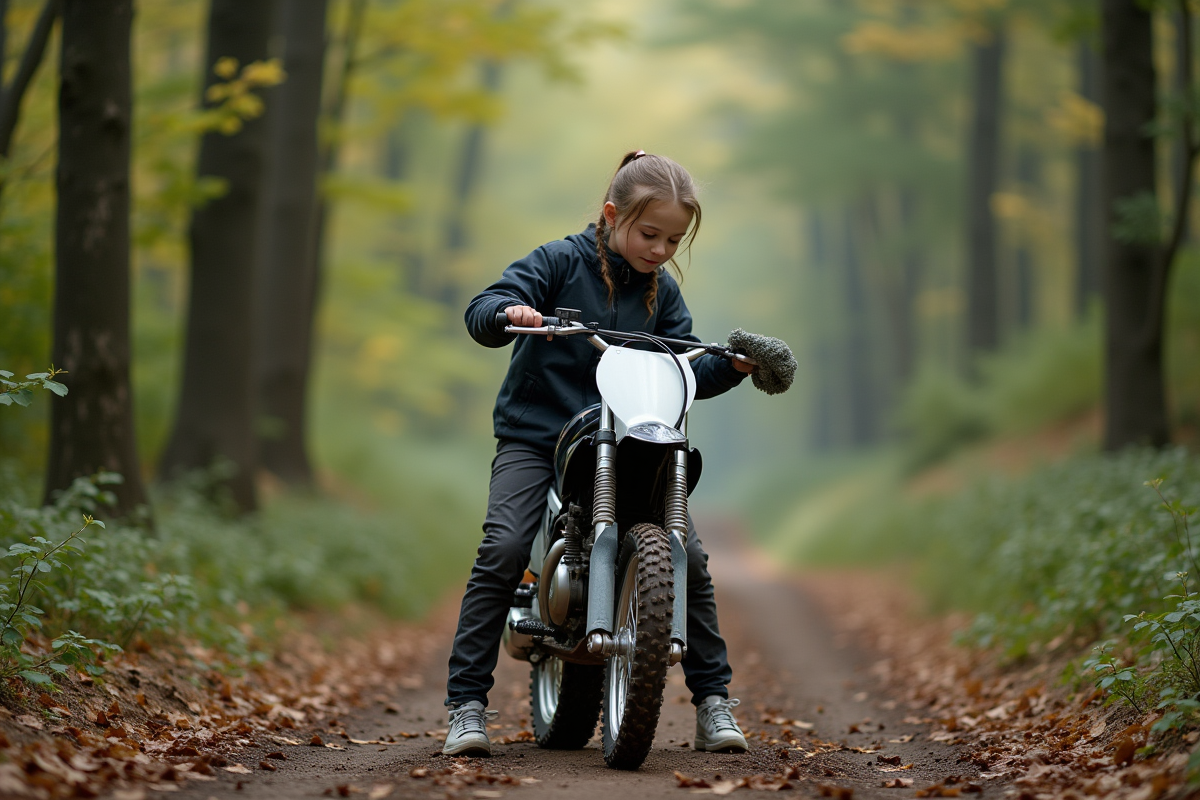 Fille nettoyant les rayons de sa moto 50cc en pleine nature