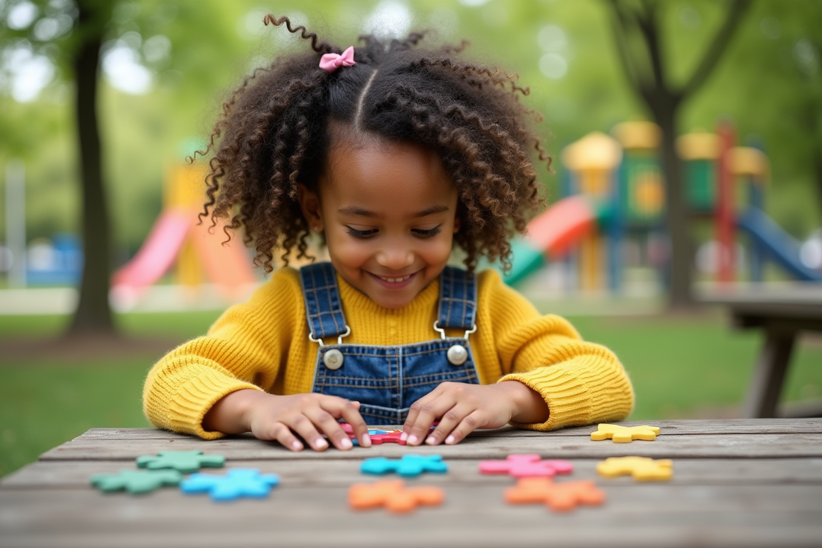Fille de six ans résolvant un puzzle coloré dans un parc