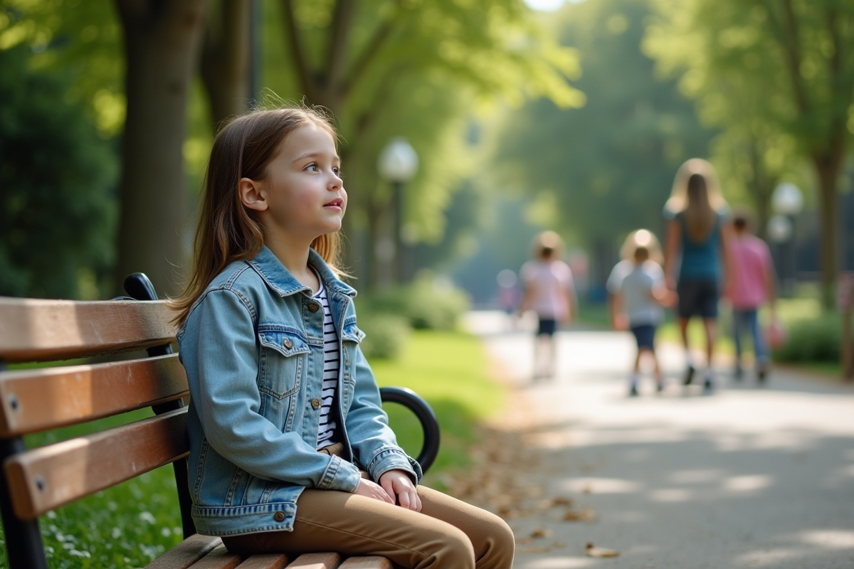 Jeune fille assise sur un banc dans un parc verdoyant
