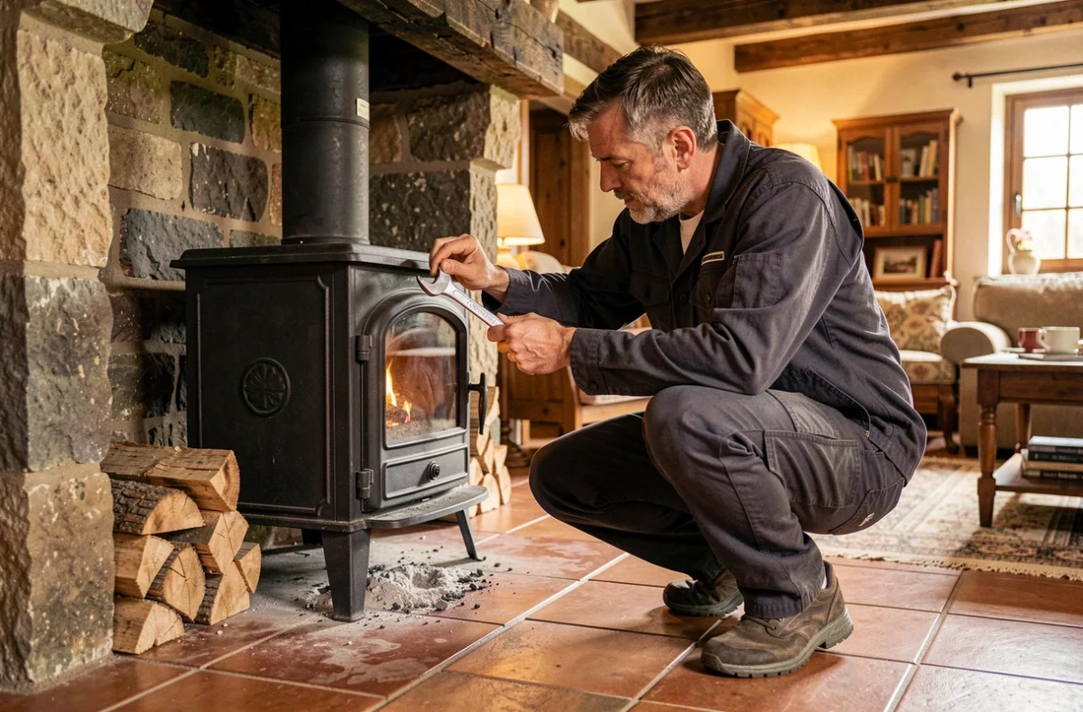 Technicien Flamme 2DS installant un insert à bois dans une cheminée en pierre dans le Tarn