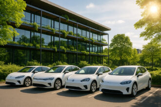 Flotte de voitures électriques modernes devant un bâtiment écologique