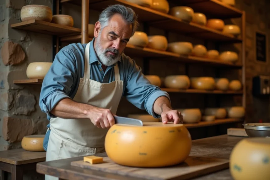 Fromager espagnol découpant une roue de fromage Manchego dans une fromagerie artisanale rustique à Madrid