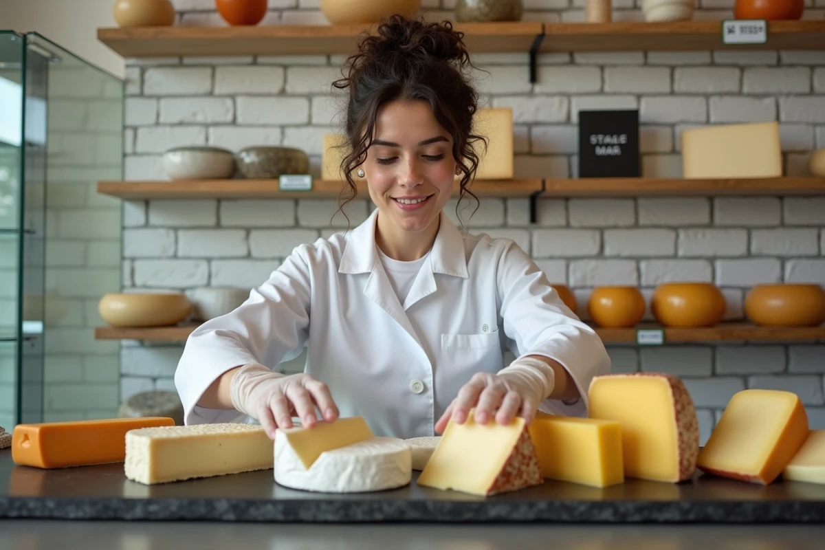 Fromagère espagnole arrangeant des fromages artisanaux sur un plateau ardoise dans une boutique moderne de Barcelone