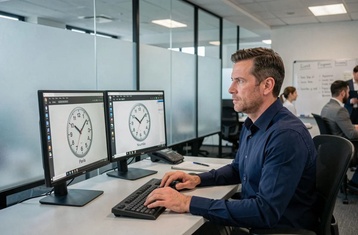 Homme en bureau open-space consultant deux horloges mondiales sur écran d'ordinateur pour planifier un appel entre l'Europe et la Nouvelle-Calédonie