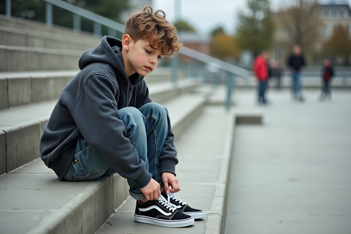 Adolescent assis sur des marches dans un skatepark urbain