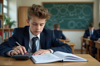 Jeune garçon en uniforme utilisant une calculatrice en classe