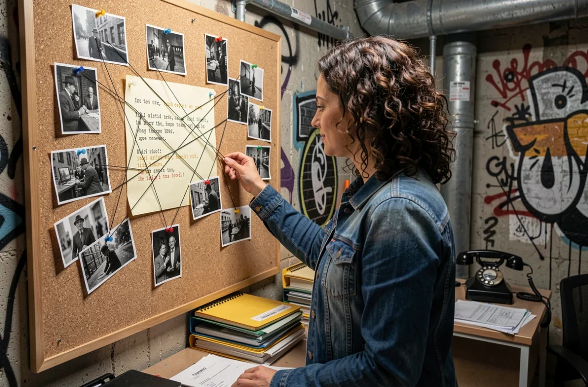 Une joueuse analysant un tableau d'indices dans une salle thématique de Get Out Orléans