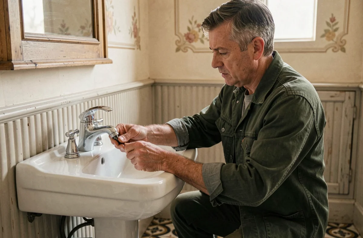 Artisan plombier Gilles Plomberie à La Roche-sur-Yon installant un robinet chromé sur un lavabo à colonne dans une salle de bain ancienne