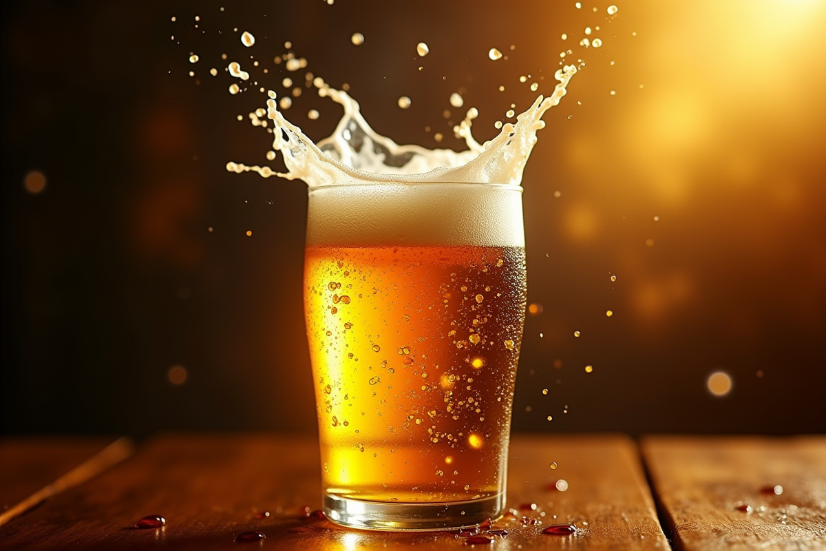 Gouttes de bière en suspension au-dessus d