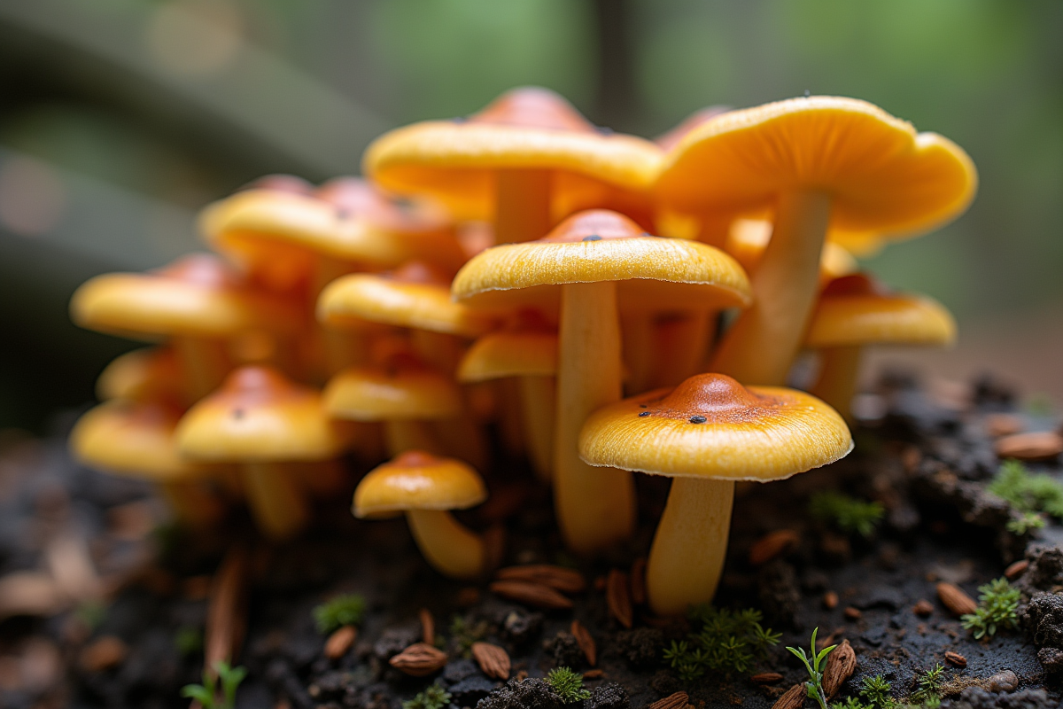 Groupe de fausses chanterelles sur bois en décomposition