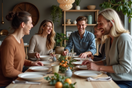 Groupe d'adultes souriants préparant une table festive