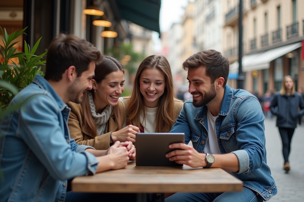 Groupe de jeunes discutant dans un café urbain
