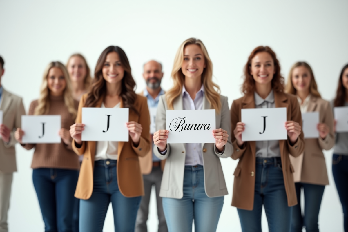 Groupe diversifié de personnes avec noms en J en studio lumineux